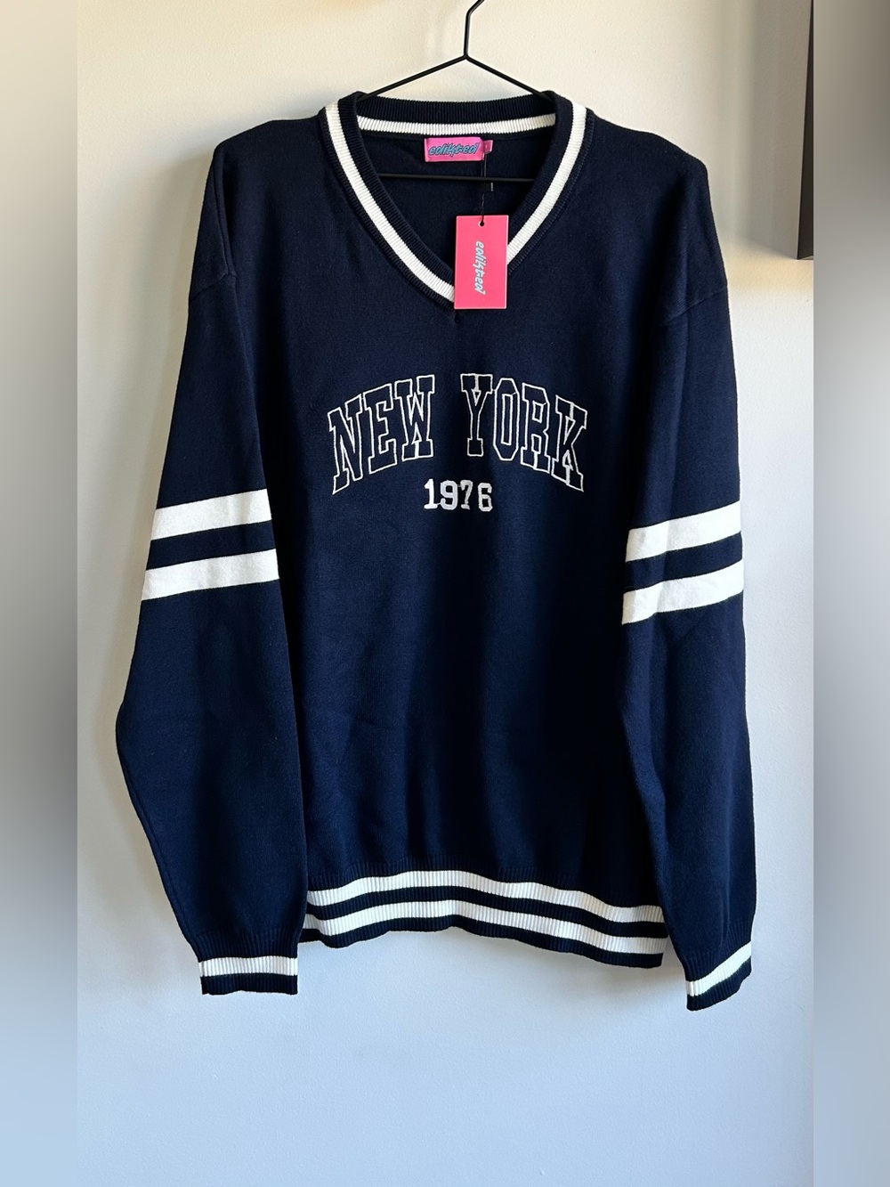 edikted 90S In New York Oversized Sweater Blue & White Medium